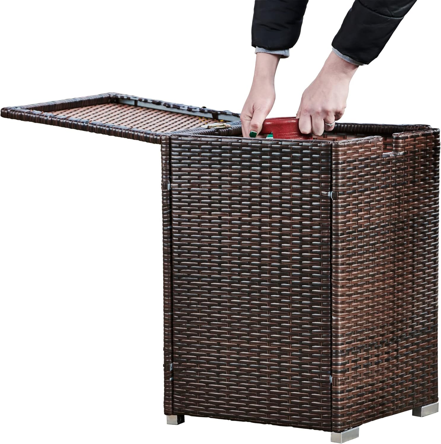 Teamson Home Outdoor Fire Pit Gas Bottle Tank Cover, Fire Pit Gas Storage Holder, Rattan Storage Holder Table with Lid, Garden Rattan Furniture