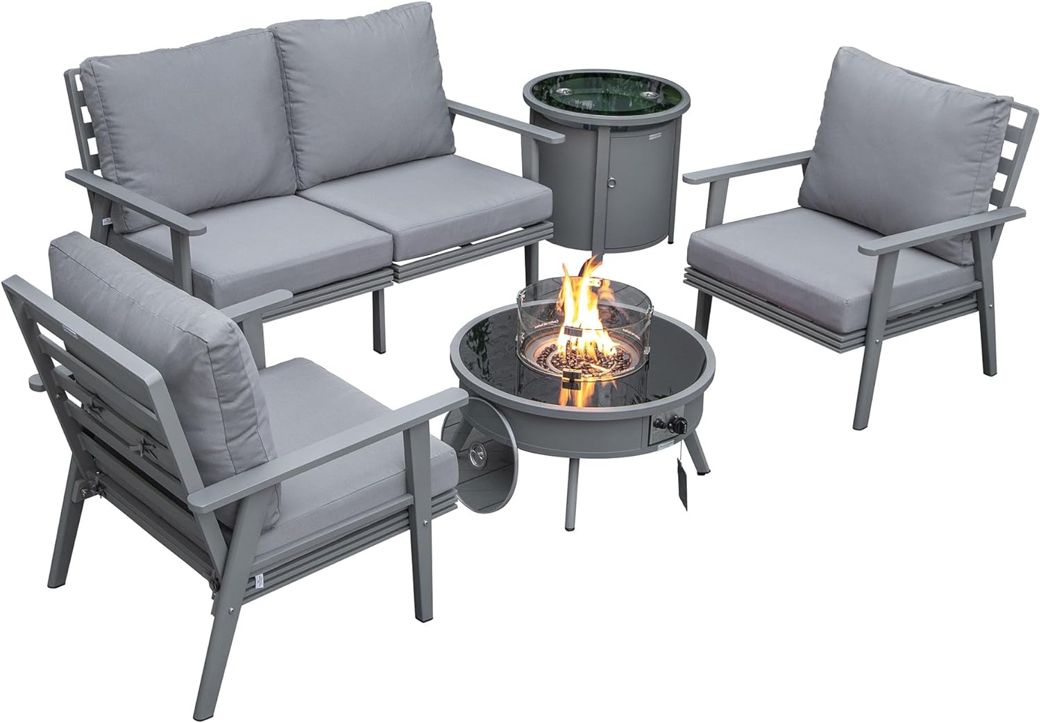LeisureMod Walbrooke Modern Aluminum 5-Piece Patio Conversation Set with Outdoor Round Firepit Side Table Tank Holder, Grey