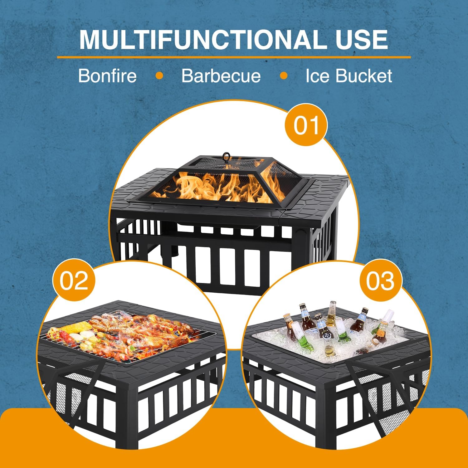 Fire Pit Table Square Metal Firepit Stove Backyard Patio Garden Stove Fireplace Mesh Cover Poker for Camping, Outdoor Heating, Bonfire and Picnic,32in