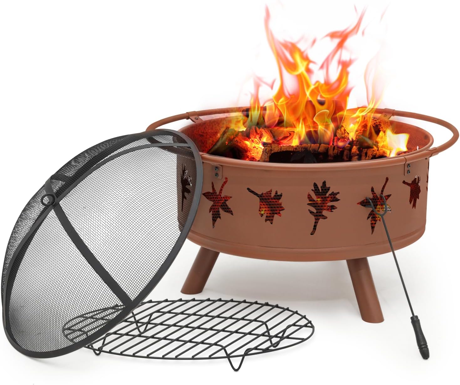 Magshion 32 Inch Fire Pit, Round Wood Burning Outdoor Firepit with Mesh Cover, Fire Poker, Grate, Maple Leaf Cutout Design, for Backyard Bonfire Picnic Party