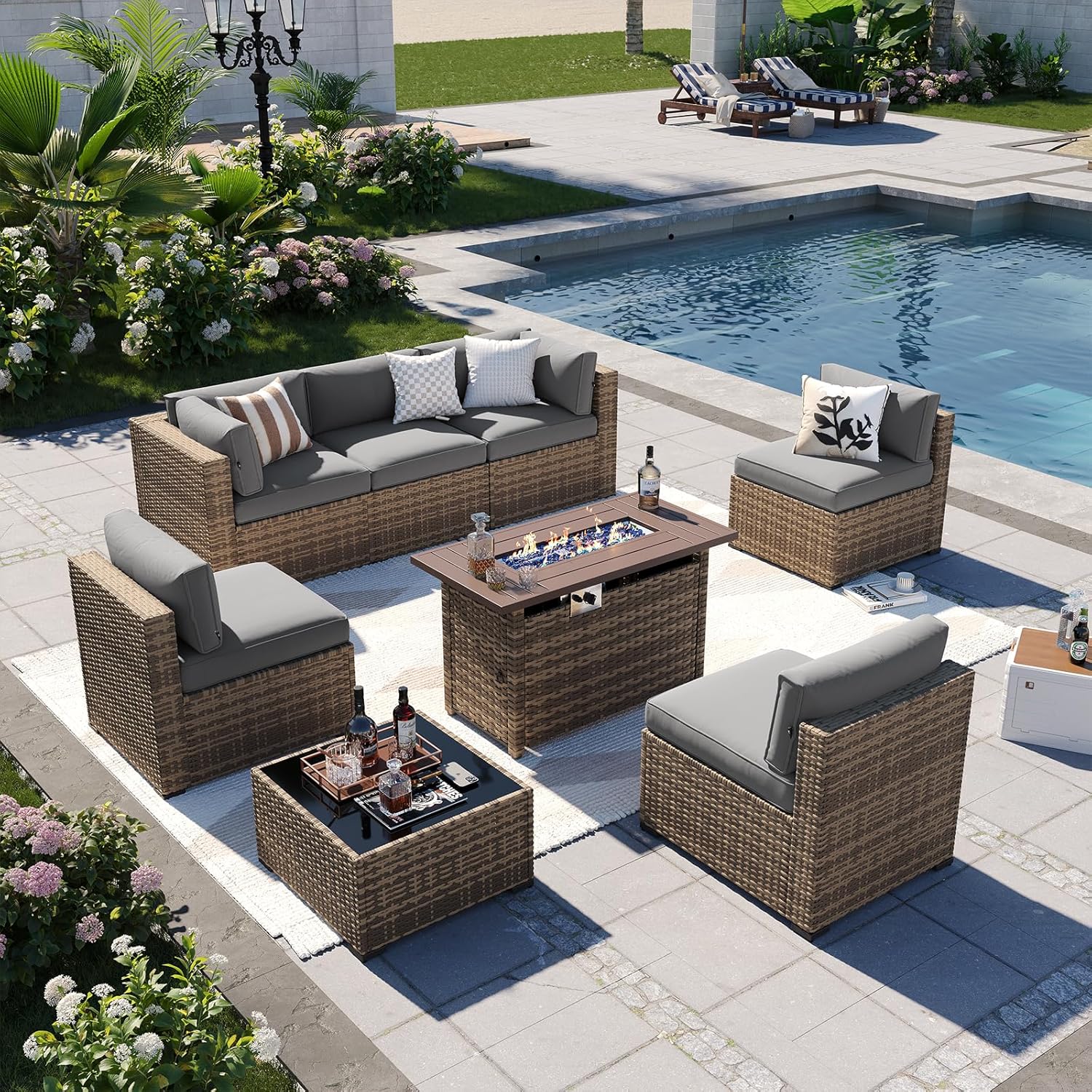 Aoxun Outdoor Patio Furniture with Fire Pit Table, 50,000 BTU Wicker Gas Fire Pits with Lid, 44'' Propane Gas Firepit Table for Backyard, Poolside, Garden (Yellow)