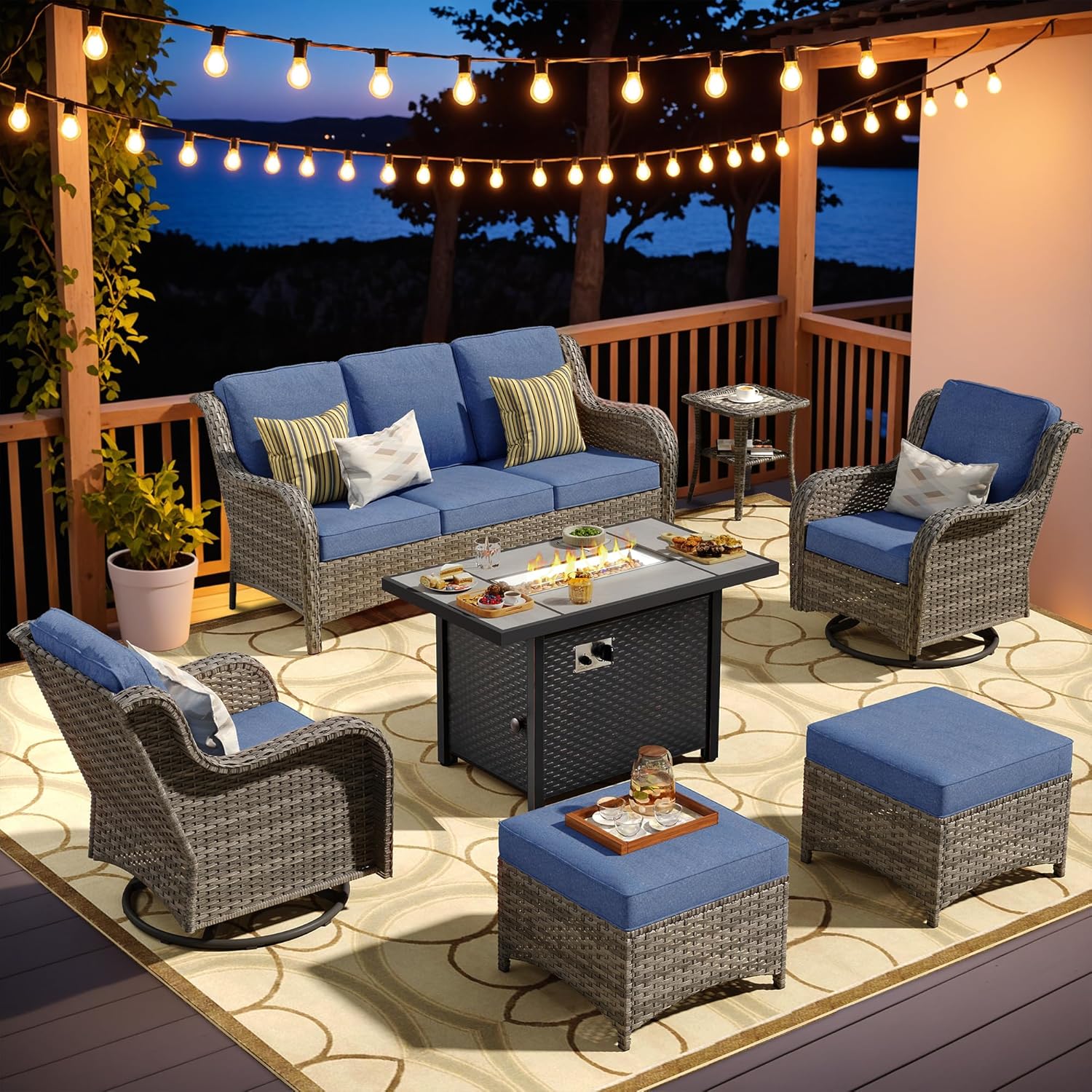 HOOOWOOO 7-Piece Outdoor Patio Furniture Set with Fire Pit Table, PE Wicker Sectional Sofa with Swivel Rocking Chairs, All-Weather Patio Conversation Set for Backyard,Garden, Balcony