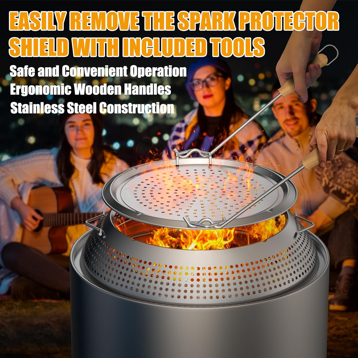 KEESHA Fire Pit Spark Protector Screen for Solo Stove Yukon Durable 304 Stainless Steel Mesh Shield Two-Piece Mesh Cover, Includes Wooden Handle Removal Tools, Compatible with Outdoor Fire Pits