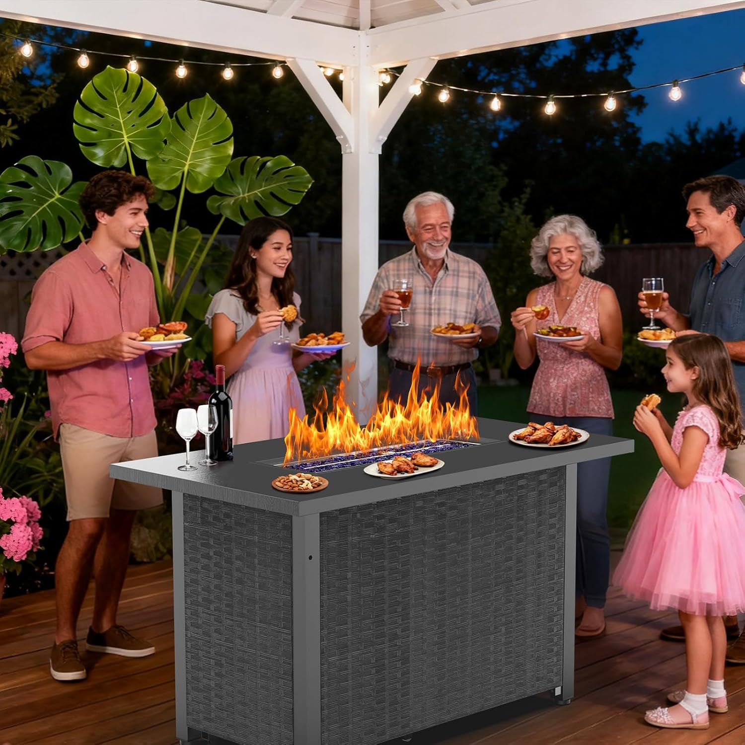 WAA 42 Inch Propane Fire Pit Table, 50,000 BTU CSA-Listed Steel Gas Fire Pit with Lid - Features Blue Crystal Stones & Metal Wood-Grain Board to Add Warmth and Ambience to Patio, Deck, Garden