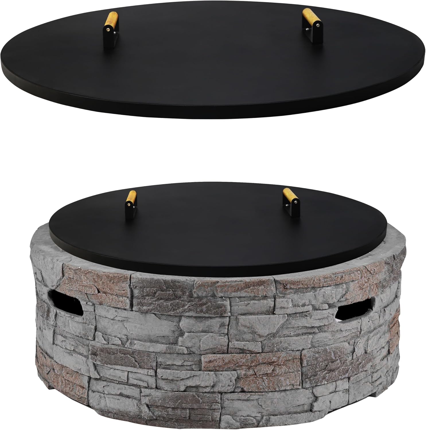 FEBTECH Fire Pit Shield 38 Inch - 16 Gauge Heat Resistant Coated Carbon Steel Fire Pit Burner Pan Cover Round with 2 Wooden Handles - Compatible with Fire Pits Inside Diameter Up to 36