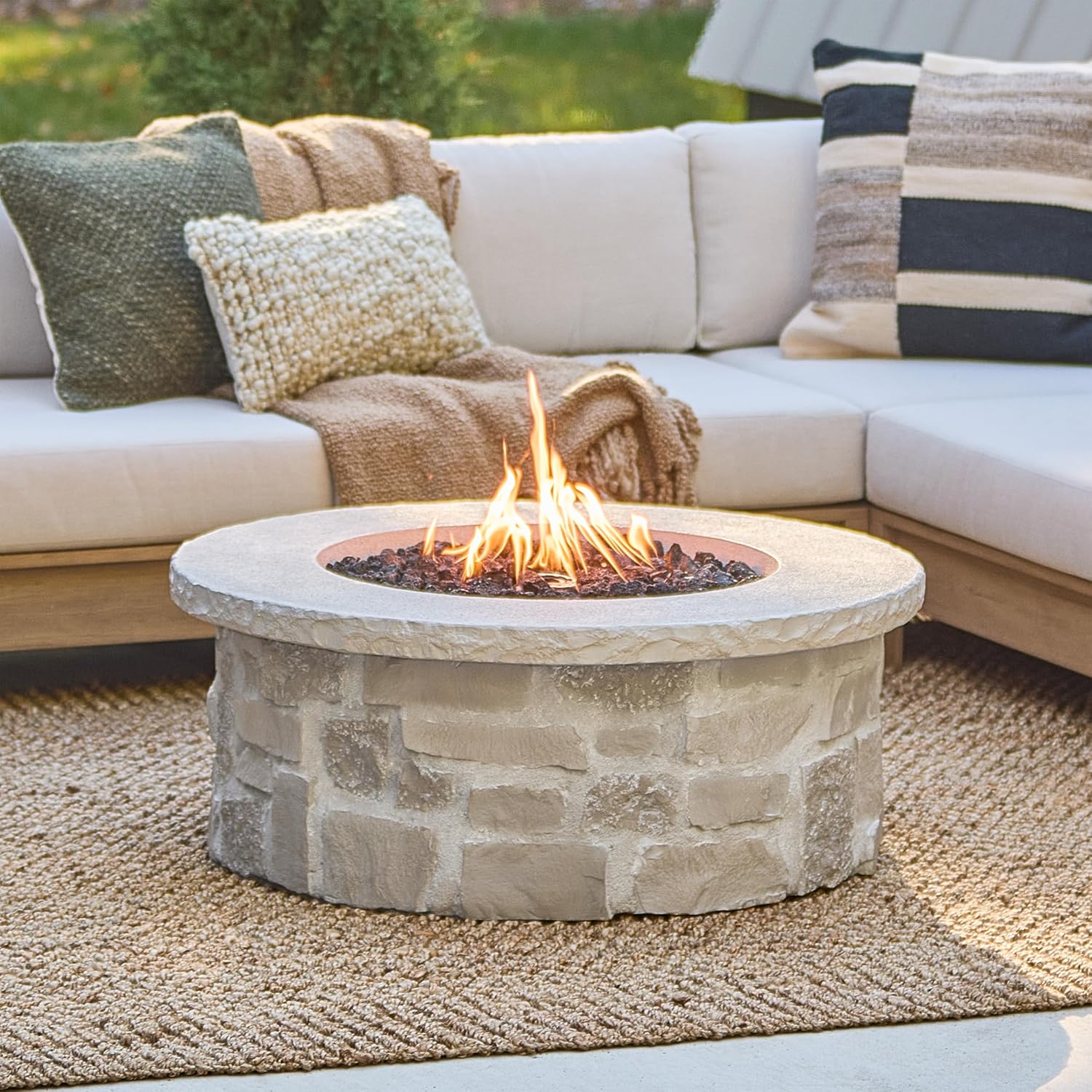 Real Flame Scottsdale 40” Round Stone Propane Fire Pit Table, 50000 BTU Outdoor Gas Fireplace for Outside Patio Backyard Deck and Garden, Includes Storage Cover and Lava Rock Filler