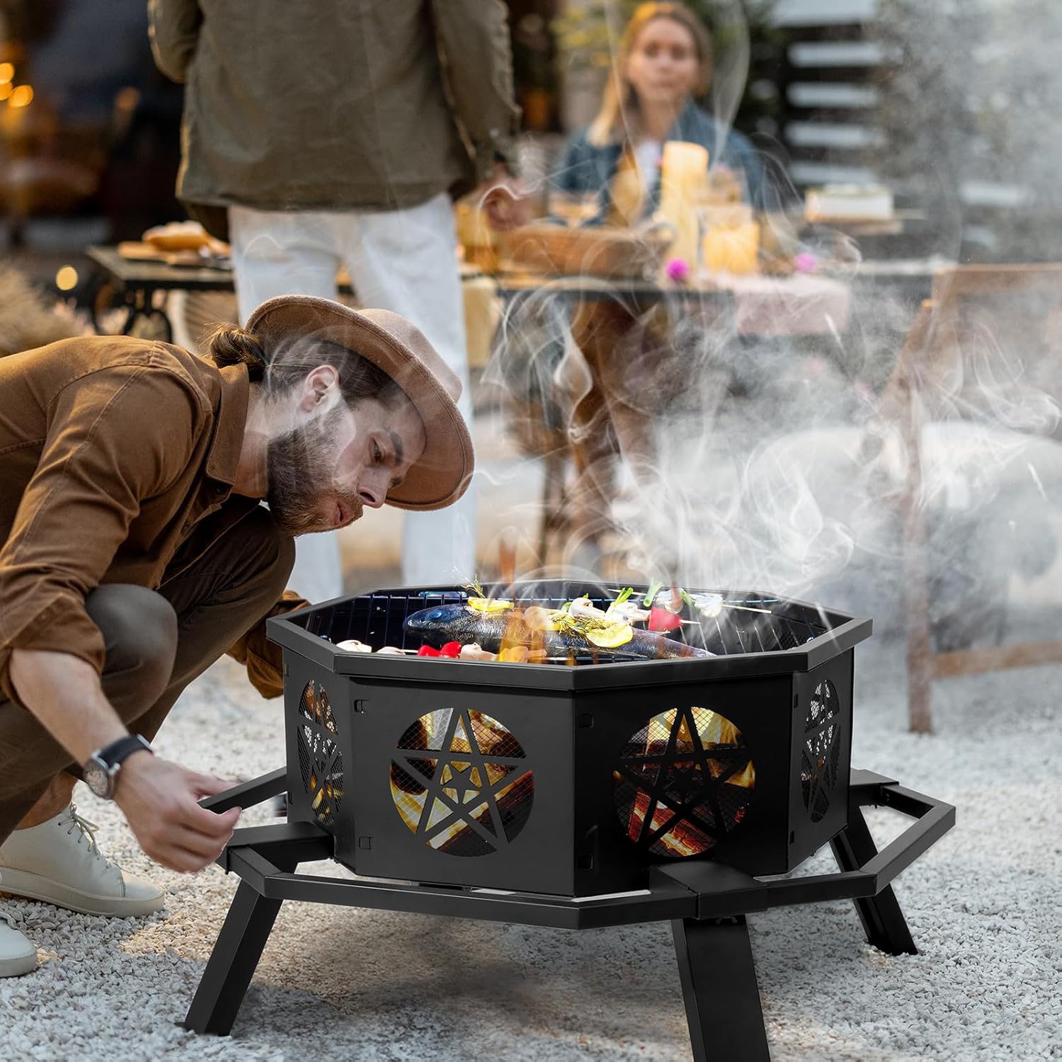 35 Inch Fire Pit for Outside, Octagonal Wood Burning Firepit with Star Pattern and Safety Ring Compact 35.6