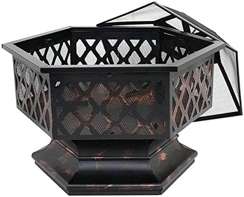 Fire Pits Outdoor Wood Burning Fire Pits Portable Metal Fire Pit Hexagon Design Fireplace Stove, with Mesh Screen Cover Fireplace Stove Wood Burning with Cover BBQ Cooking for Outside Camping Backyar