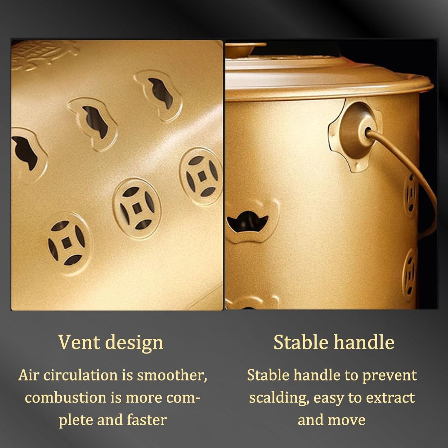 Fire Pit Metal Incinerator Furnace Stainless Steel Incinerator Burn Barrel with Ventilation Hole Design Paper Basin Incinerator with Combustion Rack Outdoor Fire Pit with Carrying Handle.(Frosted gold