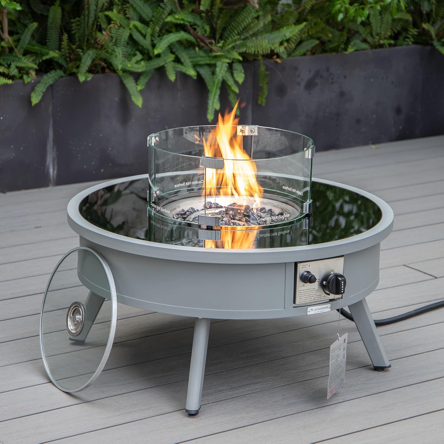 LeisureMod Walbrooke Modern Aluminum 5-Piece Patio Conversation Set with Outdoor Round Firepit Side Table Tank Holder, Grey