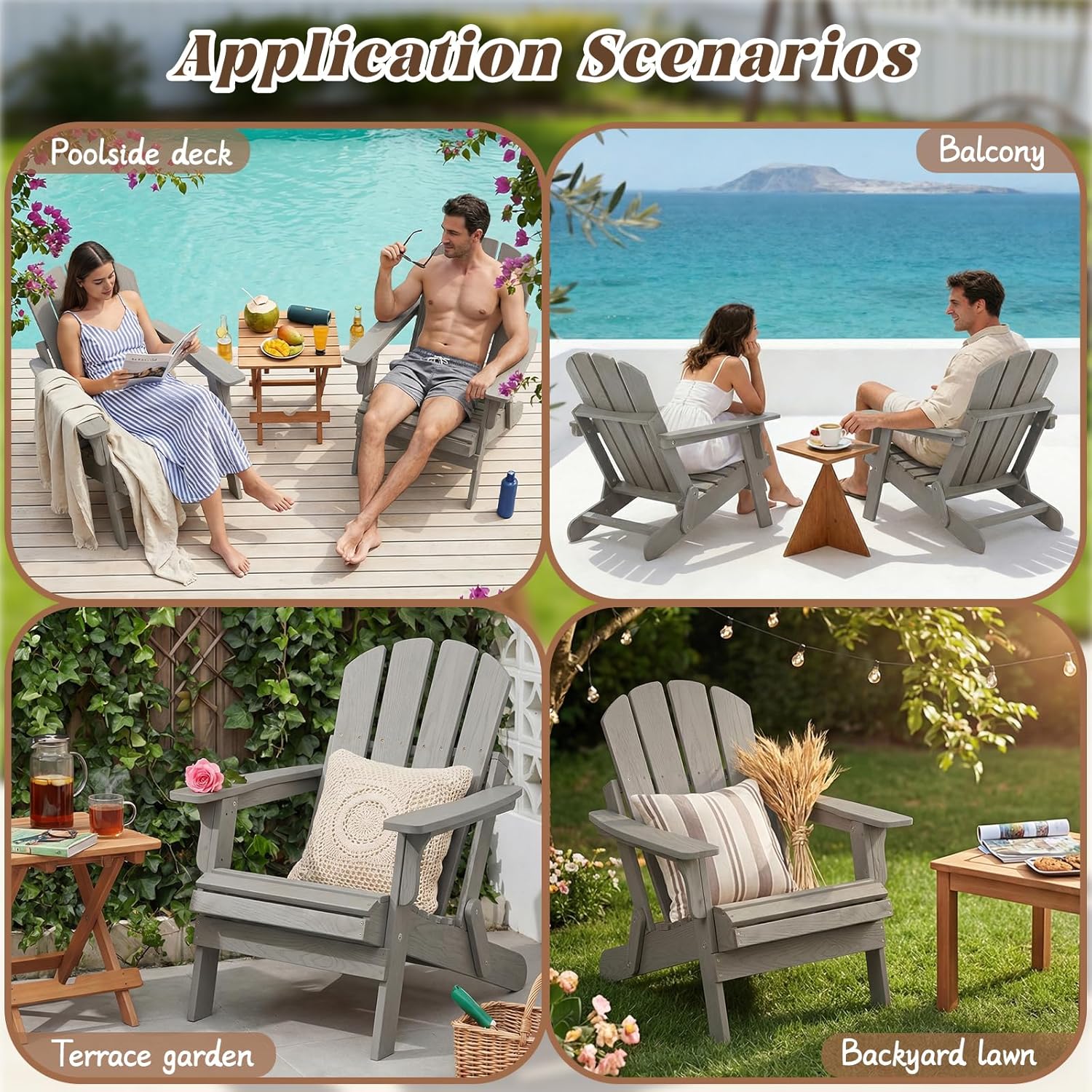 Folding Adirondack Chair, Solid Wood All-Weather Fire Pit Chairs with Pre-Assembled Backrest & Seat Board for Deck Backyard Patio Outdoor, Gray