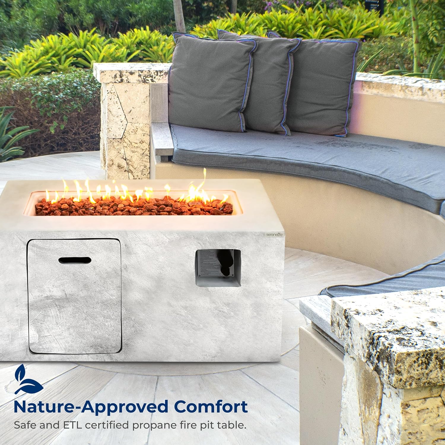 SereneLife Propane Gas Fire Pit Table, 50,000 BTU Square Outdoor Firepit with Stainless Steel Burner, Adjustable Flame, Lava Rocks & Weather-Resistant Cover for Backyard, Patio, Garden (42