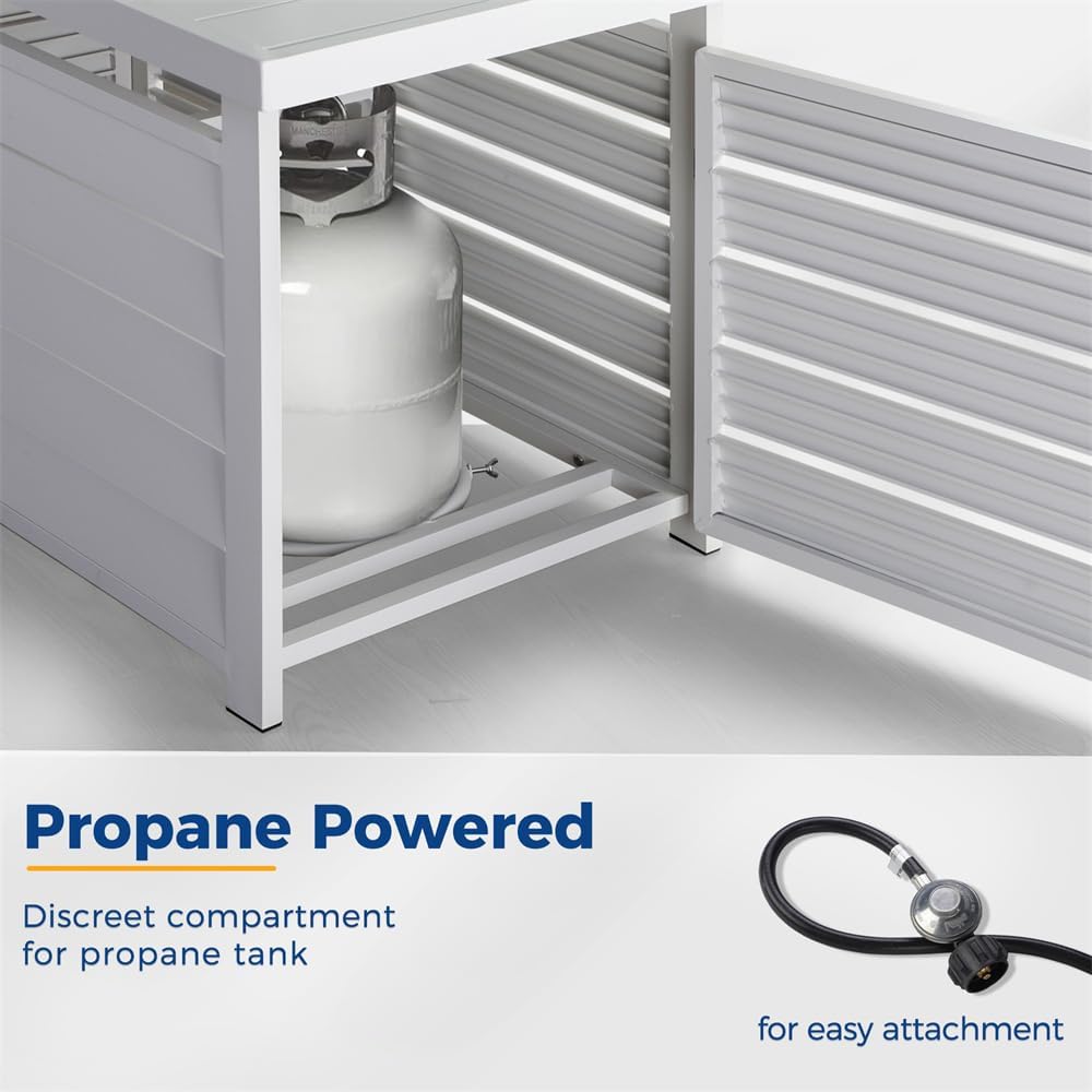 White Rectangle Outdoor Aluminum Glass Windbreak Propane Fire Pit Table for Pool Patio Garden