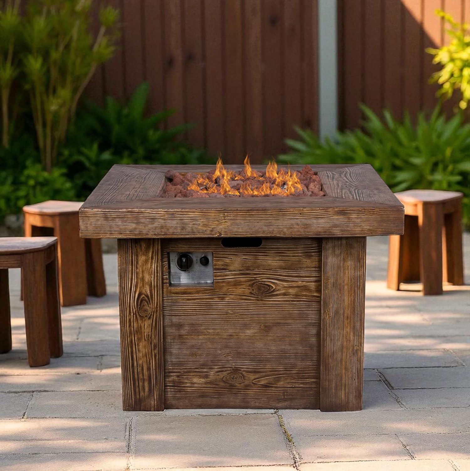 Shine Company Merida 34.5 in Square 50,000 BTU Outdoor Glass Reinforced Concrete Propane Gas Fire Pit Table w/GFRC Tabletop, Stainless Steel Burner, Lava Rocks, Natural Wood Look -Brown