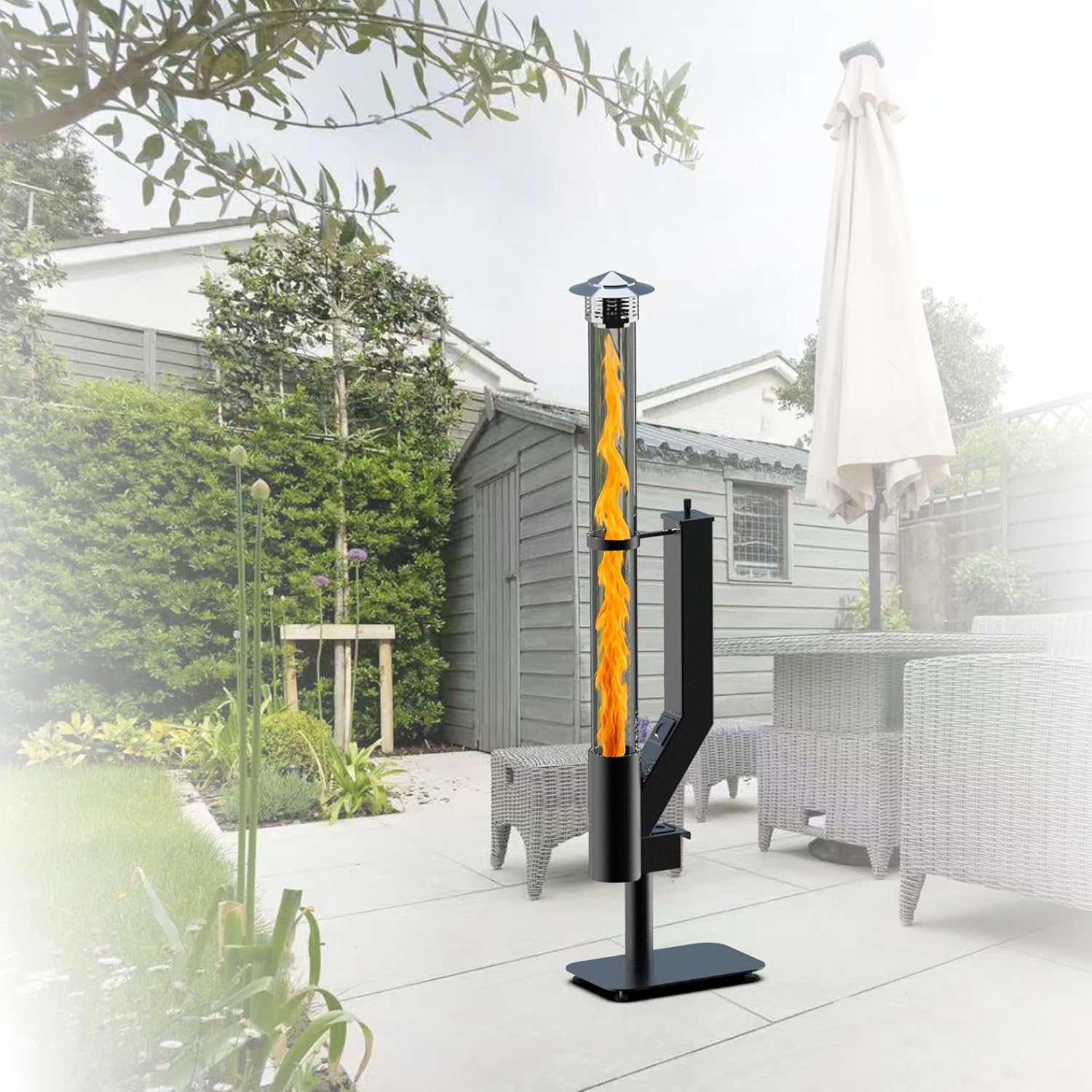 Smokeless Wood Pellet Patio Heater, Spiral Swirling Flame Glass Tube Fire Pit for Patio/Garden/Backyard, Anti-Tip Steel Base with Adjustable Feet, Outdoor Use Only