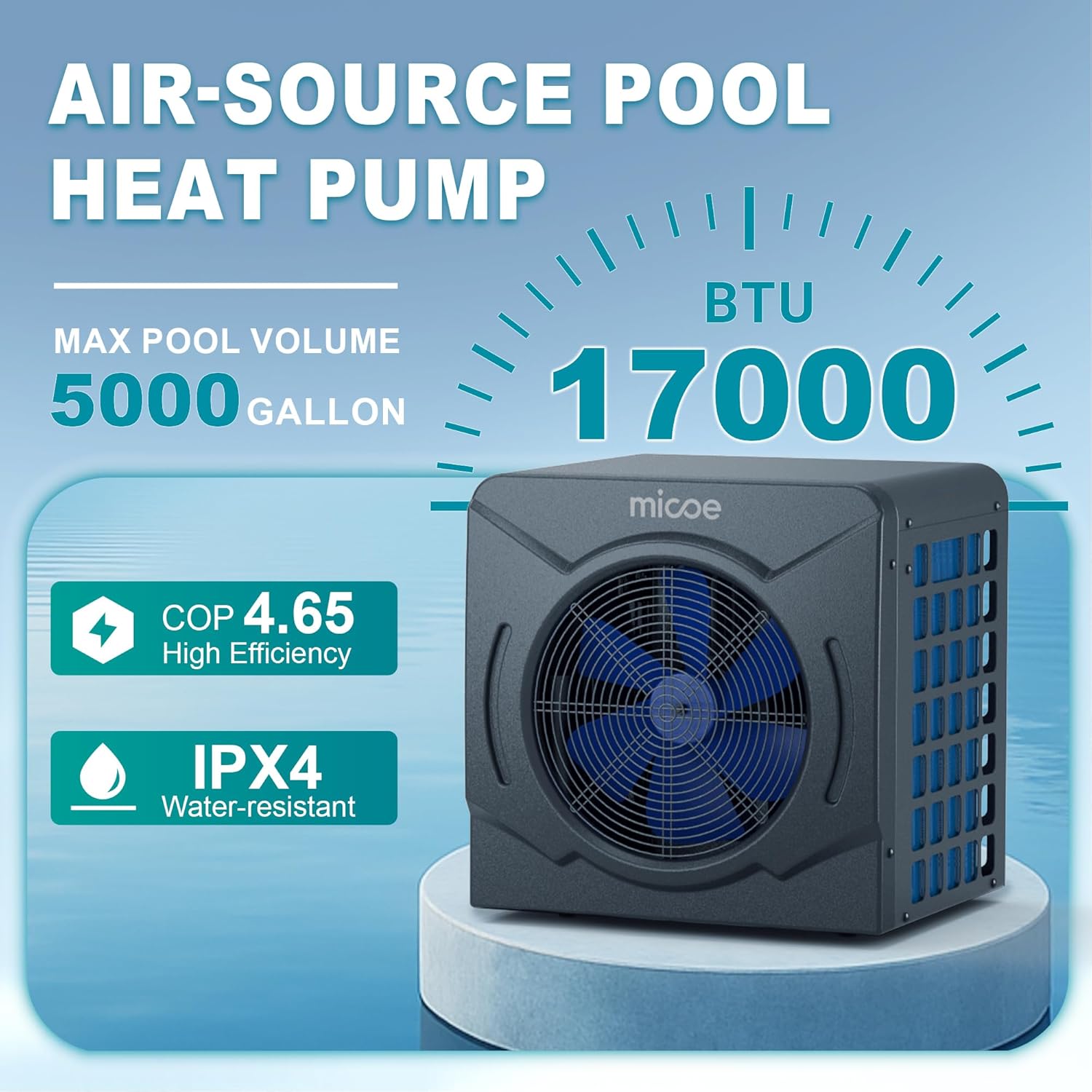 MICOE 17000 BTU Pool Heater for Above Ground, Swimming Pool Heat Pump Heating or Cooling, Titanium Heat Exchanger，Ultra Quiet 50dB, 120V with Easy Install Kit