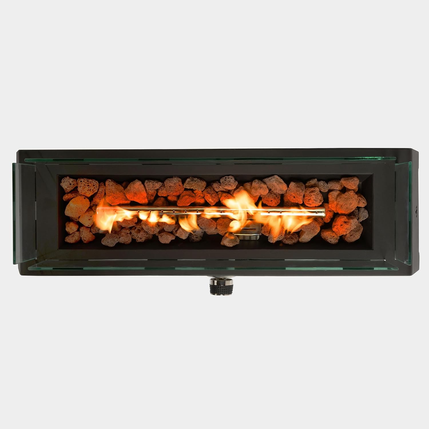 28' Rectangular 40000BTU Fire Pit, Steel Body with Integrated Lava Rocks and Wind Protection Glass, Adjustable Flame Grey