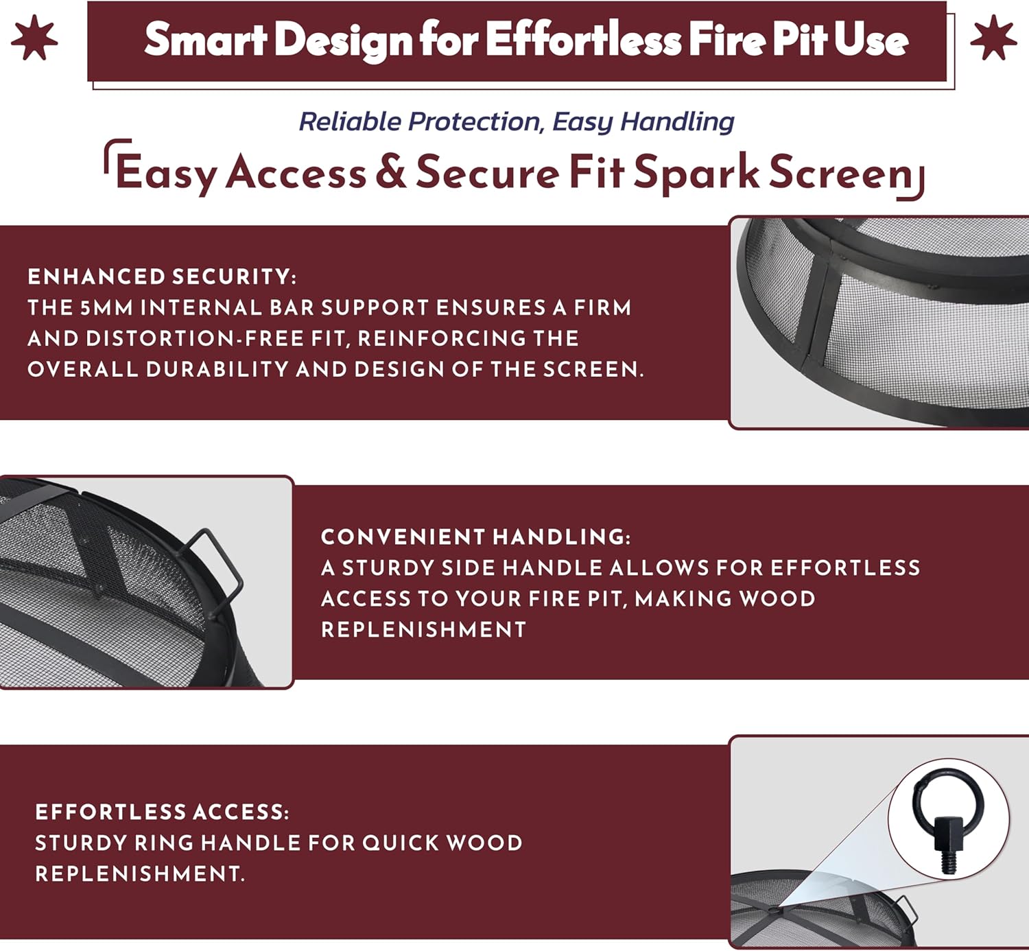 Febtech- Fire Pit Screen 30 inch Round - Heavy Duty Ember Arrester Fire Pit Spark Screen Steel Mesh Cover - FirePit Spark Screen Round with Hook for Outdoor Ring Cover & FirePit Insert