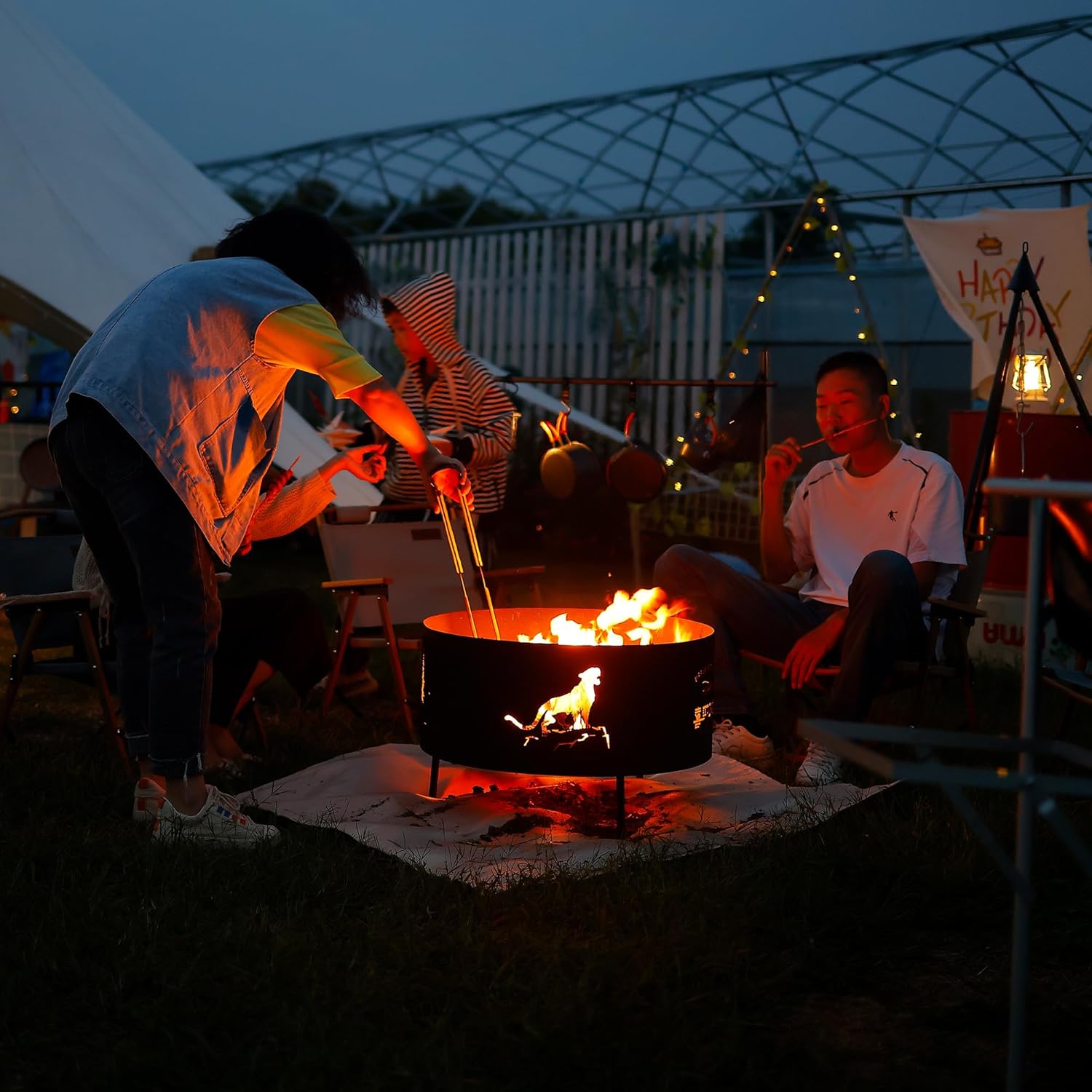 Portable Metal Fire Pit, Small Cylindrical Wood Burning Grill Fire Pits for Outside, Poker and Round Waterproof Cover, BBQ& Outdoor Fire Pit for Patio, Picnic, Party (Large)