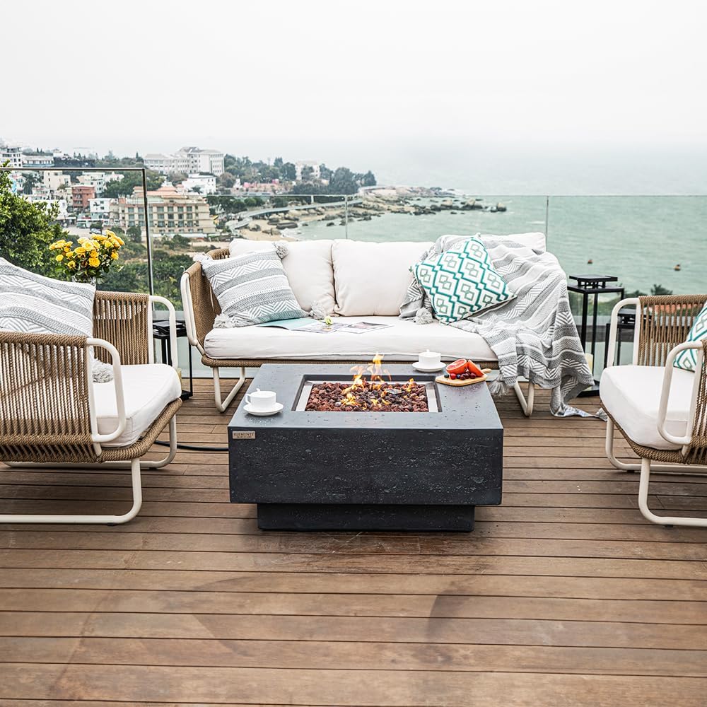 Elementi Manhattan Dark Grey 36” Propane Fire Pit Table Outdoor Fire Table with Glass Windscreen, Stainless Steel Cover, Tank Cover, Canvas, Floor Mat, Hammock, Beverage Tub