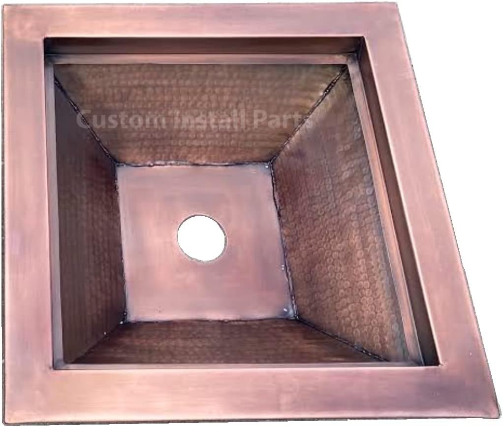 18 Inch Square Hammered Copper Metal Outdoor Propane or Natural Gas Fire Pit with 6 Inch Diameter Burner Ring Stainless Steel