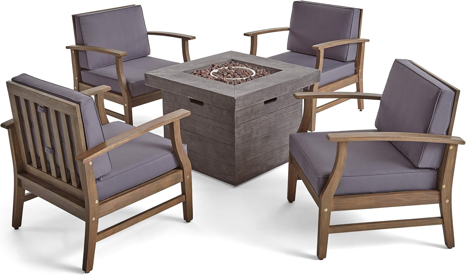 GDFStudio Outdoor 5 Piece Acacia Wood Club Chair and Fire Pit Set, Gray Finish & Gray