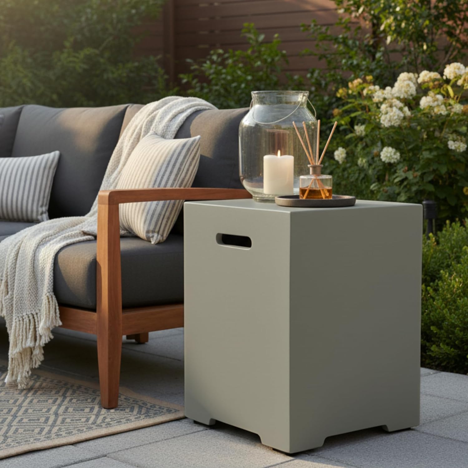 20 LB Propane Tank Cover & Outdoor Side Table.Outdoor Tank Storage Hideaway Table for Gas Fire Pits - Durable MgO Composite, Weatherproof Hideaway for Fire Pits, Grills, Patio Heaters (Aqua Grey)