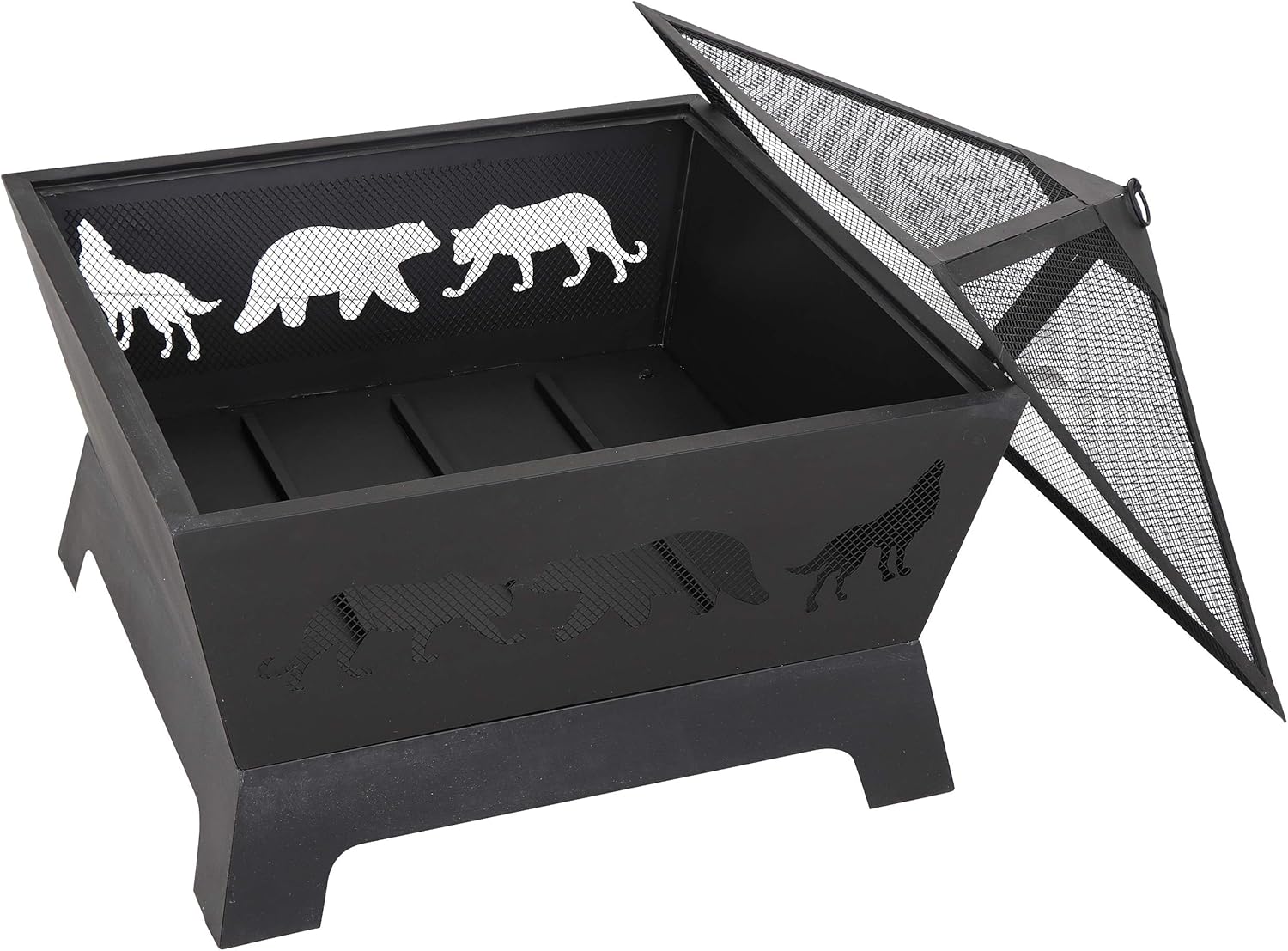 Nouva Wood Burning Fire Pit, Outdoor Metal Square Firepit Backyard Patio with Cover and Poker for Outside Yard Home Garden