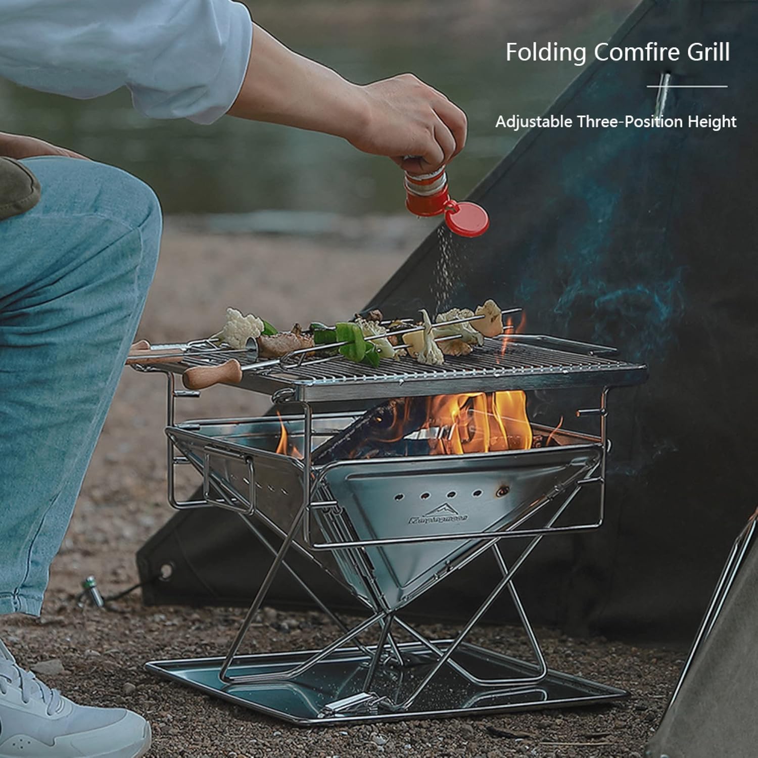 Folding Campfire Grill Outdoor Charcoal Barbecue Rack Stainless Steel Portable Camping Fire Pit Wood Burner Stove with Carrying Bag for Travel Picnic Garden