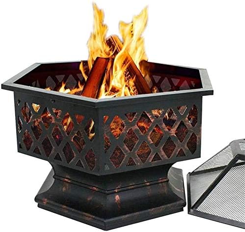 Fire Pits Outdoor Wood Burning Fire Pits Portable Metal Fire Pit Hexagon Design Fireplace Stove, with Mesh Screen Cover Fireplace Stove Wood Burning with Cover BBQ Cooking for Outside Camping Backyar