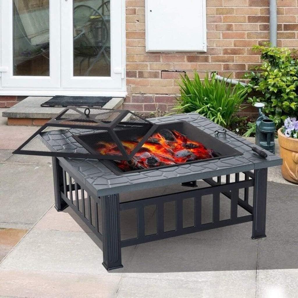 Fire Pits Outdoor Wood Burning Propane Fire Pit, Outdoor Metal Brazier Square Table Multi-Purpose Square Fireplace Garden Patio Heater for Party with Cover BBQ Cooking for Outside Camping Backyar