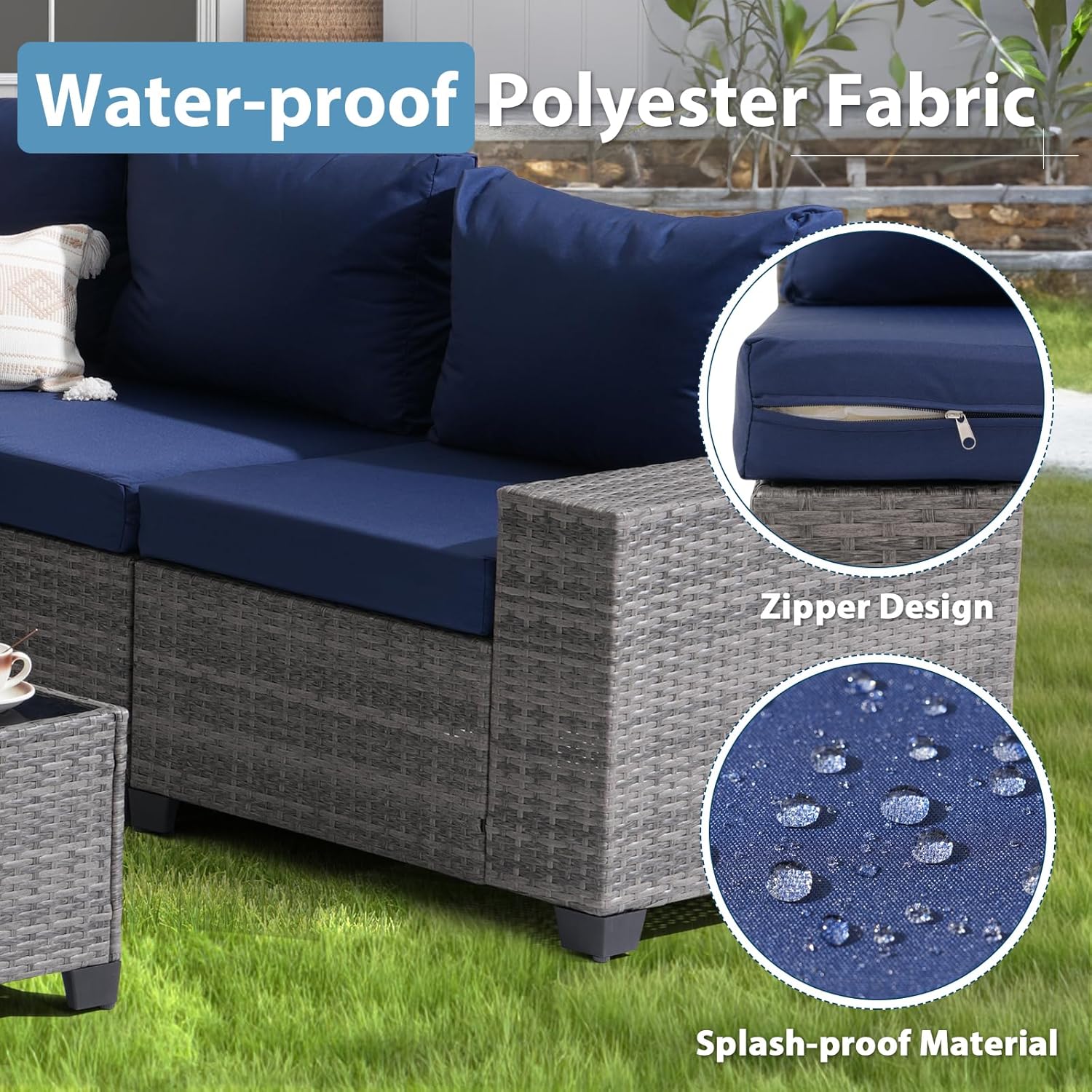 JOIVI 7 Pieces Outdoor Patio Furniture Set with 45” 50000BTU Fire Pit Table, Rattan Patio Conversation Set with Coffee Table, L-Shaped Sectional Sofa and Propane Fire Pit Set, Navy Blue