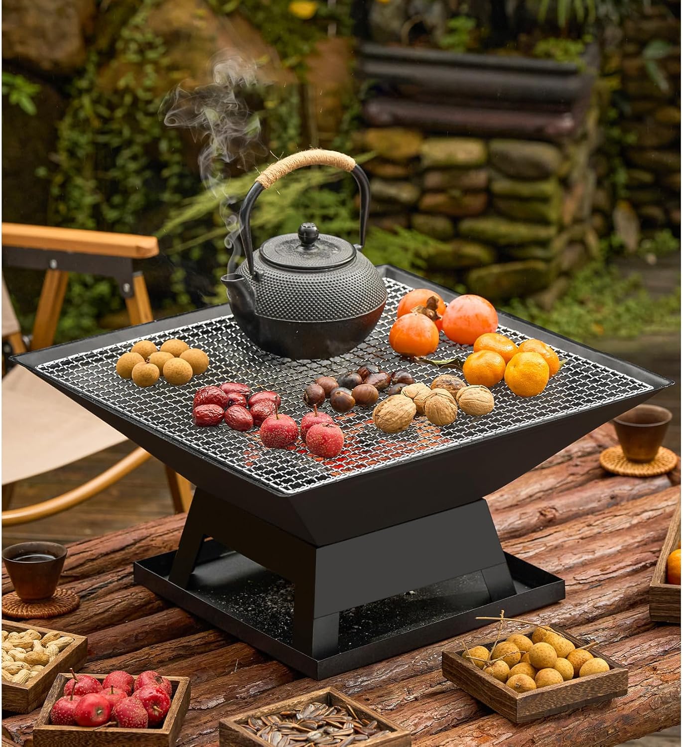 Cast Iron Outdoor Fire Pit with Burning Grid/Ash Catchers/Flower Grid Lid/Fire Hook/Grid Starter for Warmth,Barbecues,Parties,Patio,46.5 x 37cm (B)