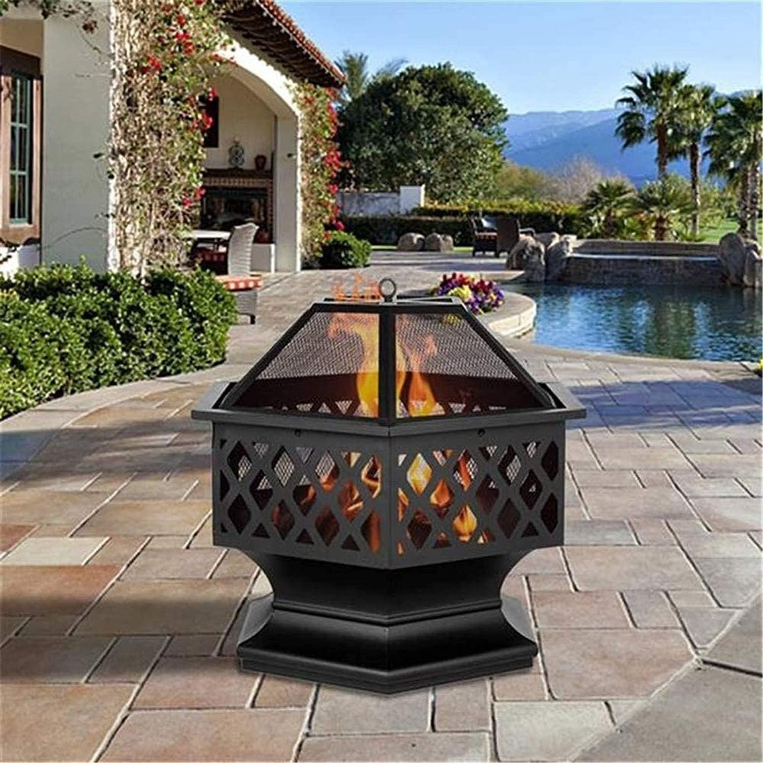 Fire Pit, Iron Fire Pit Outdoor Patio BBQ Camping Bonfire, Outdoor Fireplace Fire Bowl with Spark Screen, Great for Outdoor and Patio