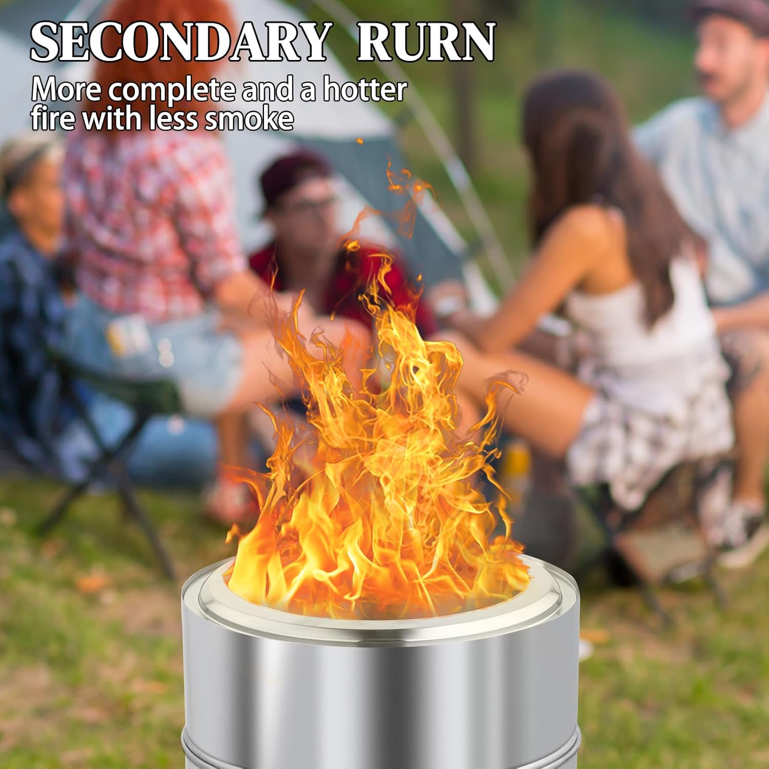 19.3inch Large Stainless Steel Smokeless Fire Pit with Grill & Carry Bag, Outdoor Portable Smokeless Firepit, Wood Burning Fire Pits for Outside Patio Camping, Bonfire (19.3 * 19.3 * 19.3in,Silver)