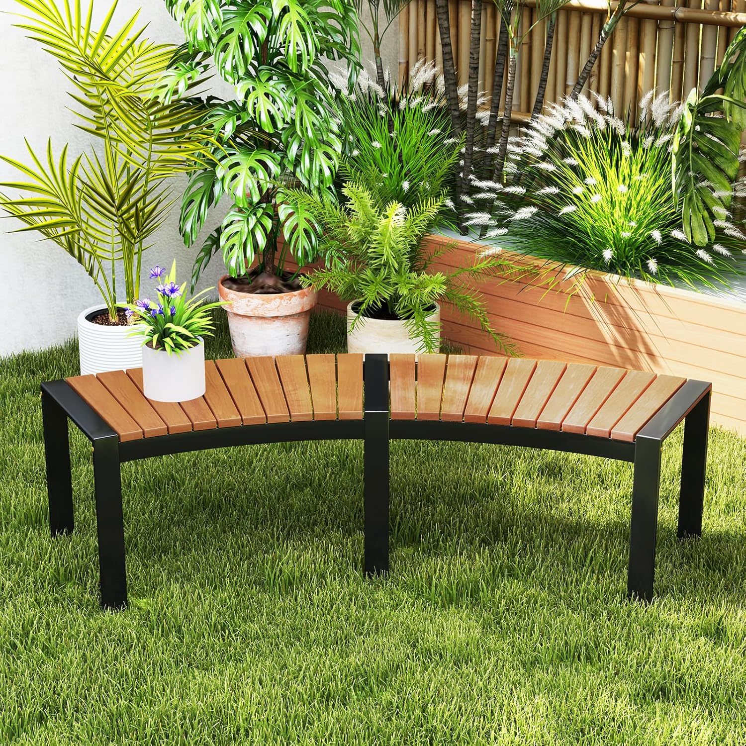 HAPPYGRILL Outdoor Curved Firepit Bench, Acacia Wood Firepit Bench with Metal Frame, Backless Loveseat for Patio, Porch, Garden, Deck, Yard, 800 LBS Max Load (4)