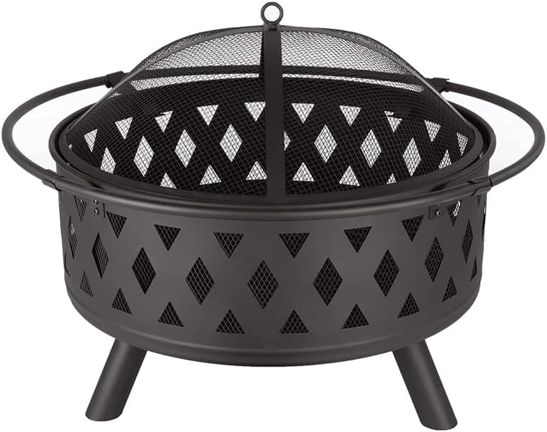 Round fire Pit with net Cover, fire Poker, Diamond mesh, Metal Wood Burning Outdoor fire Pit, Suitable for courtyards, backyards, Gardens, Bonfire Parties, Christmas, Thanksgiving, Halloween