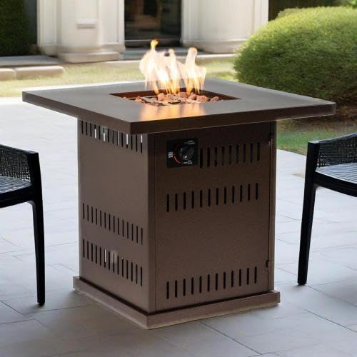 Propane Gas Fire Pit Table, 50000 BTU Square Steel Fire Pit for Outside Patio Deck Garden Courtyard-Brown 28