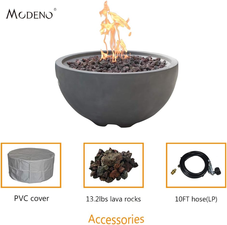 MODENO Outdoor Fire Pit Propane Garden Fire Bowl, 40,000 BTU CSA Certified Firepit，Auto-Ignition System Fireplace, Lava Rock&PVC Cover Included (26 x 26 x 14'', Grey)