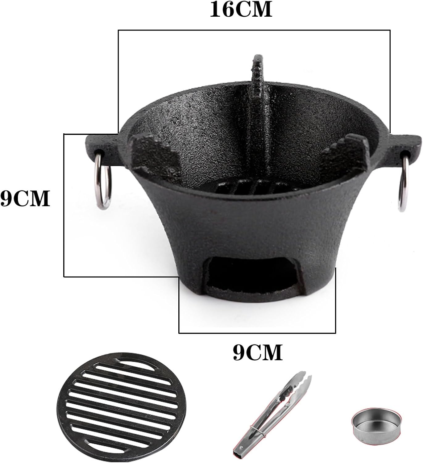 Cast Iron Fire Pit,Fireplace,One-Piece Moulding + Wooden Tray,with Double Ear Puller for barbecues,Outdoor Cooking Utensils and Patio Heating, 16 cm/20 cm/23 cm/25 cm/28 cm (Diameter 16CM)