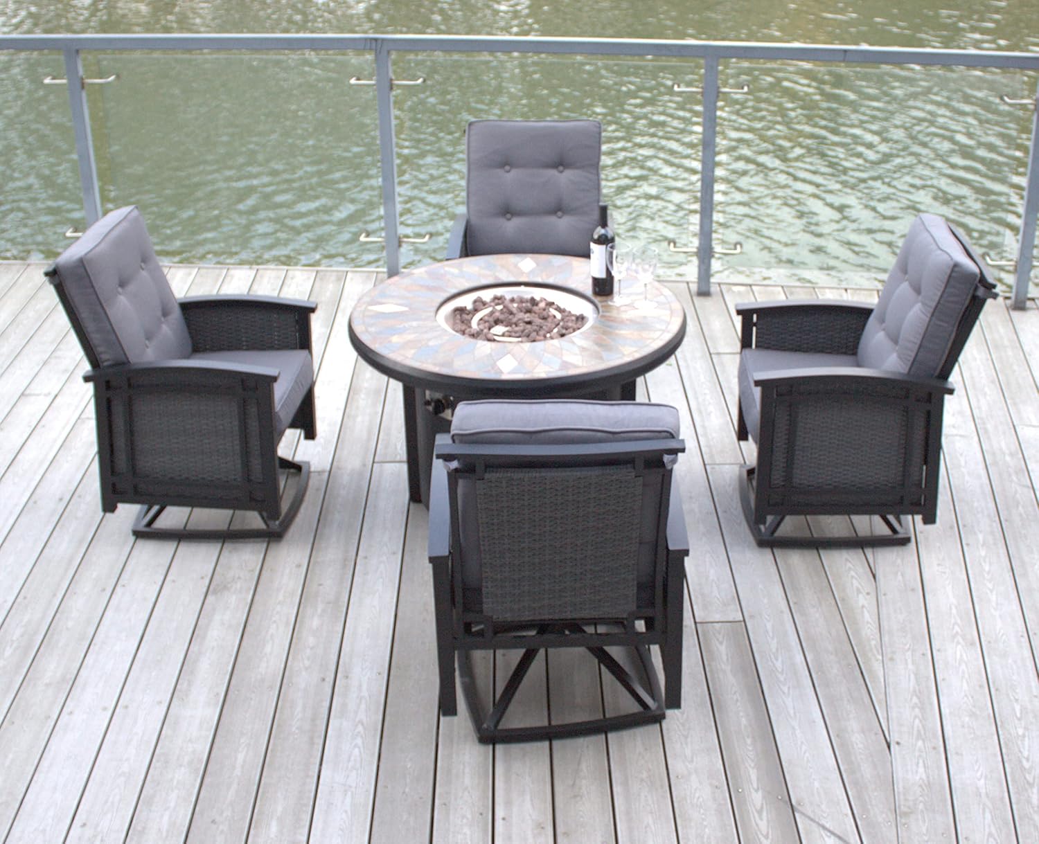 Pebble Lane Living 5 Piece Aluminum Patio Fire Pit with Swivel Rocking Cushioned Patio Chairs Set - Gray