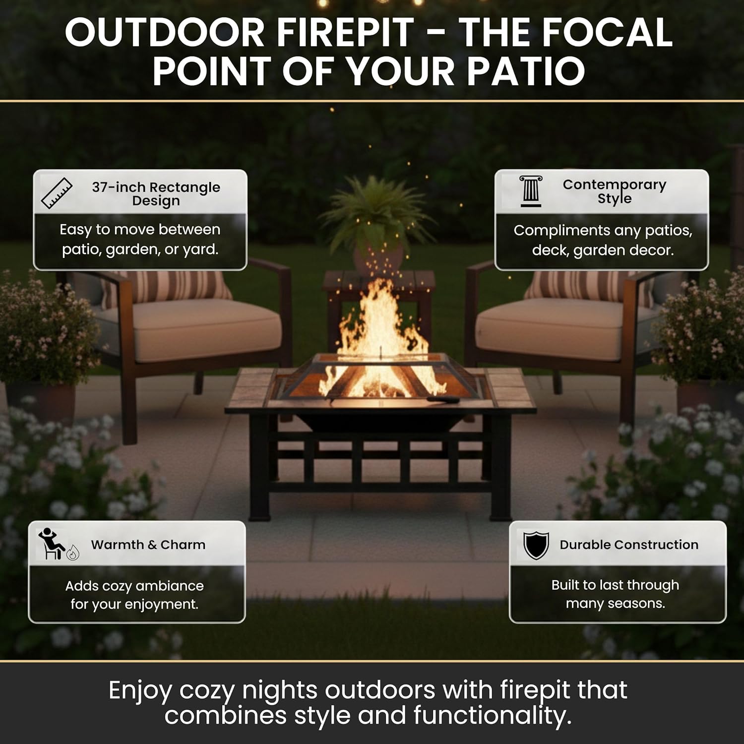 Fire Pit Set, Wood Burning Pit -Includes Screen, Cover and Log Poker- Great for Outdoor and Patio, 37” Marble Tile Rectangular Firepit by Pure Garden