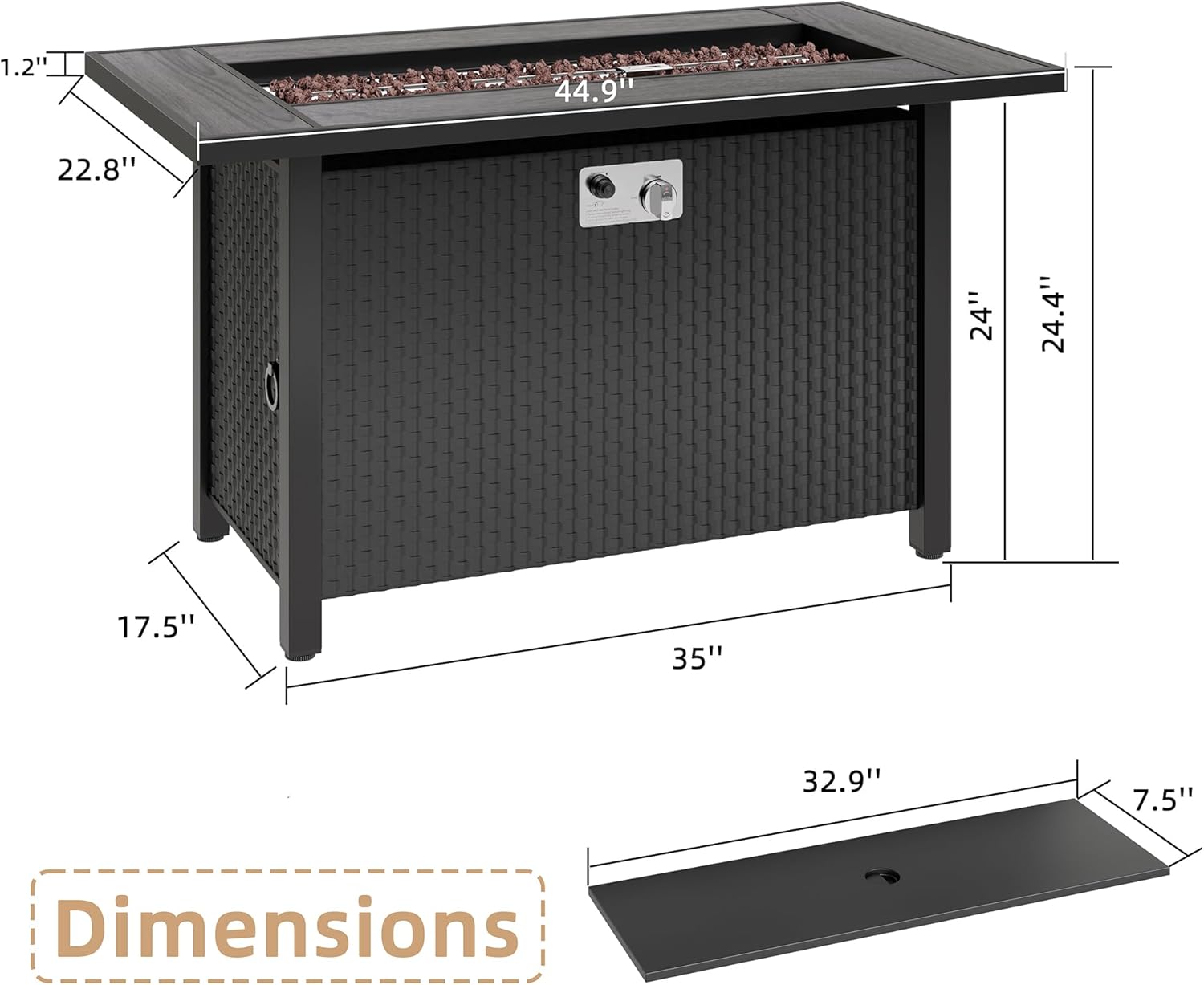 45 Inch Propane Fire Pit Table, 50,000 BTU Outdoor Gas Fire Pit for Patio & Backyard, Rectangular Firepit Table with Lava Rocks, 2-in-1 Convertible Outdoor Table, Grey