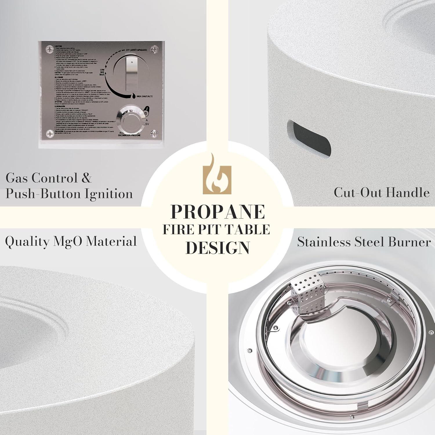 32.5 Inch Propane Fire Pit Table, 50,000 BTU Round Patio Fire Pit Table Outdoor, CSA Certified, Stainless Burner with Steel Lid, Waterproof Cover & Lava Rocks, for Backyard Garden, White