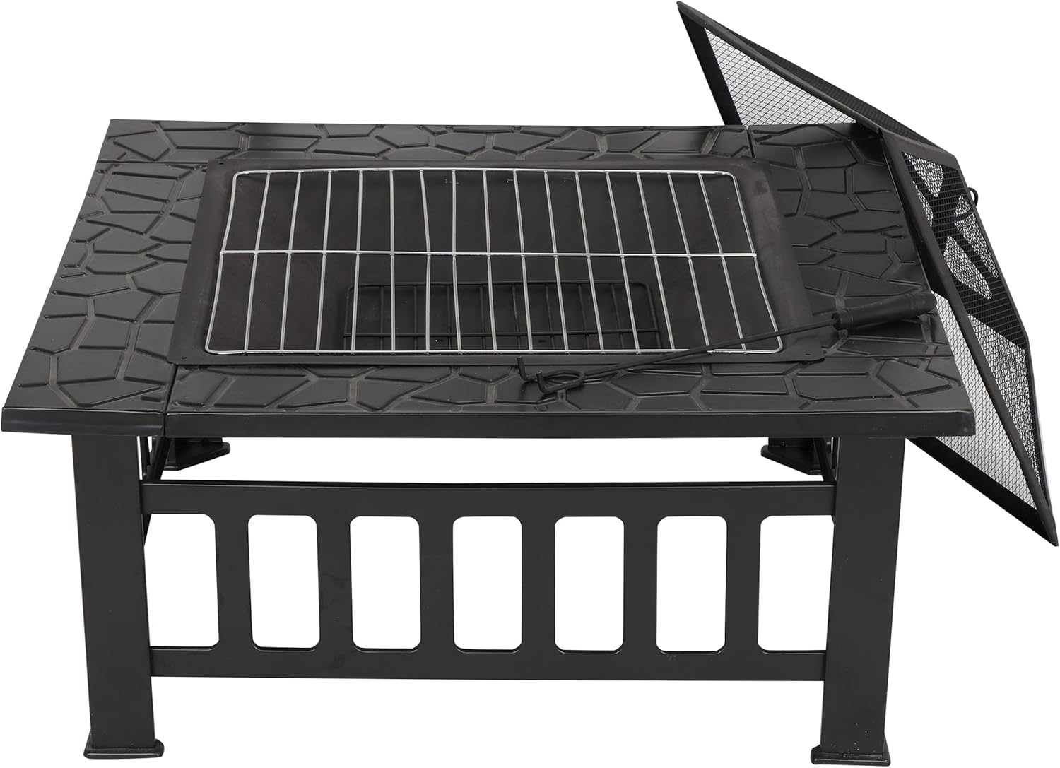 JungleA 32 Inch Outdoor Metal Fire Pit Square Table BBQ Fire Pit Burning Backyard Patio Garden Stove W/Rain Cover, Faux-Stone Finish