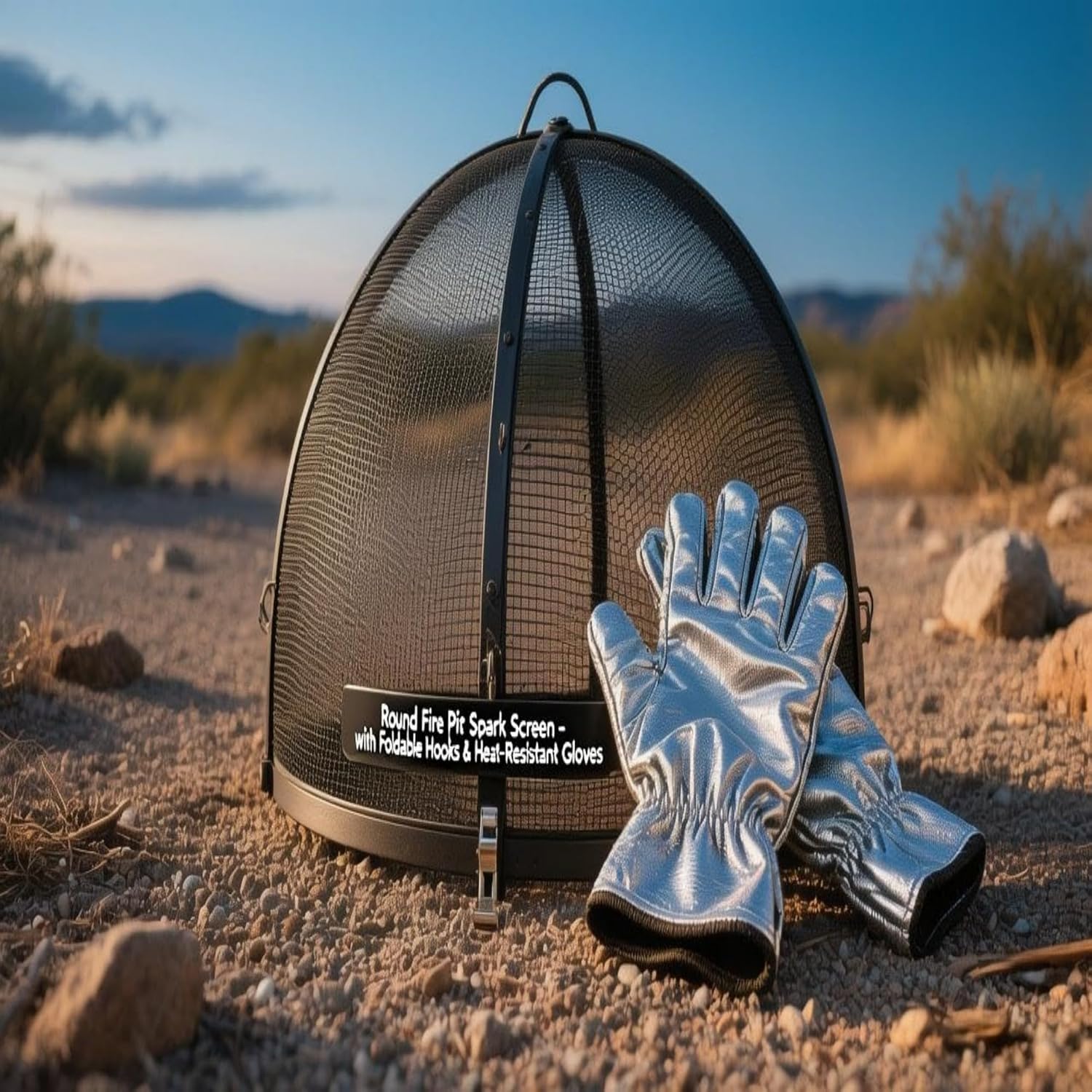 Fire Pit Cover, Outdoor Round Fire Pit Screen with Foldable Hook and Fire Safety Gloves, Heavy Duty Steel Mesh Fire Pit Cover, Fire Pit Lid for Backyard, Beach, RV Camping