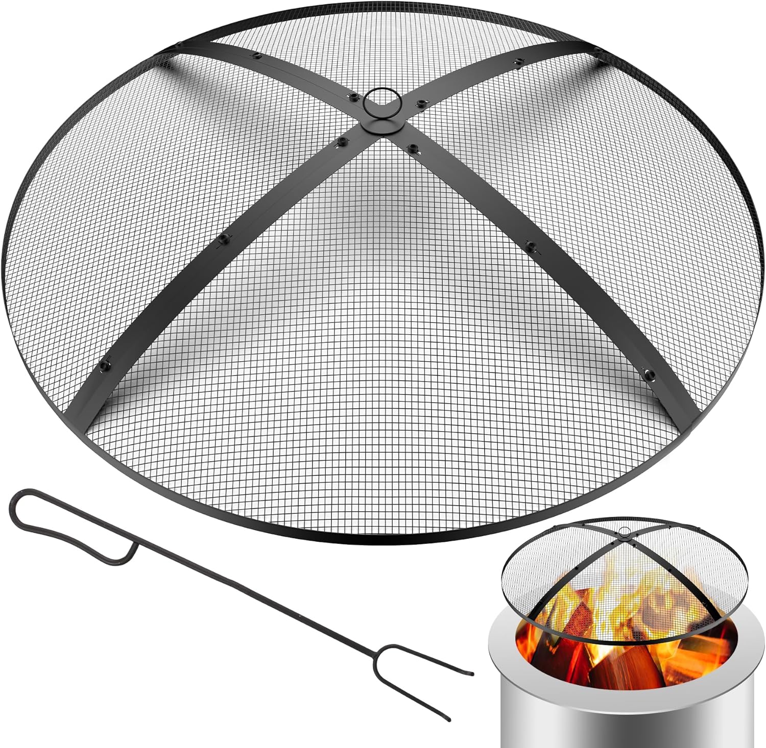 Fire Pit Spark Screen,36inch Heavy Duty Foldable Fire Pit Cover,Outdoor Round Fire Pit Mesh Screen with Top Lid, Handle&Poker, for Outdoor,Backyard,Patio,RV Camping,Beach