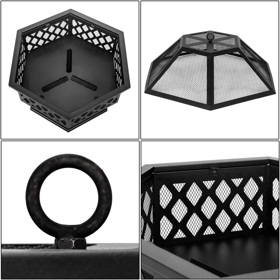 Fire Pits 27in Hexagonal Metal Fire Bowl Outdoor Firepit Backyard Patio Wood Burning Fireplace with Mesh Screen Cover Poker for Camping Picnic Bonfire