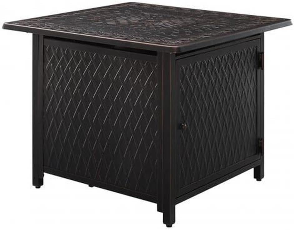 Fire Sense 63694 Cartney Woven Aluminum Convertible Gas Fire Pit Table 37,000 BTU Outdoor Multi-Functional Fire Pit with Fire Bowl Lid, Nylon Weather Cover & Clear Fire Glass - Bronze Finish - Square