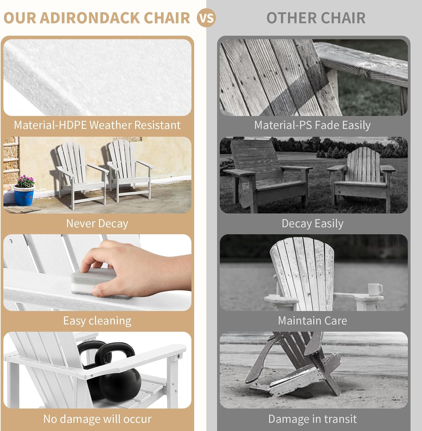 Stackable Adirondack Chair, Space Saving HDPE All-Weather Fire Pit Chairs for Outdoor Lawn Porch Deck